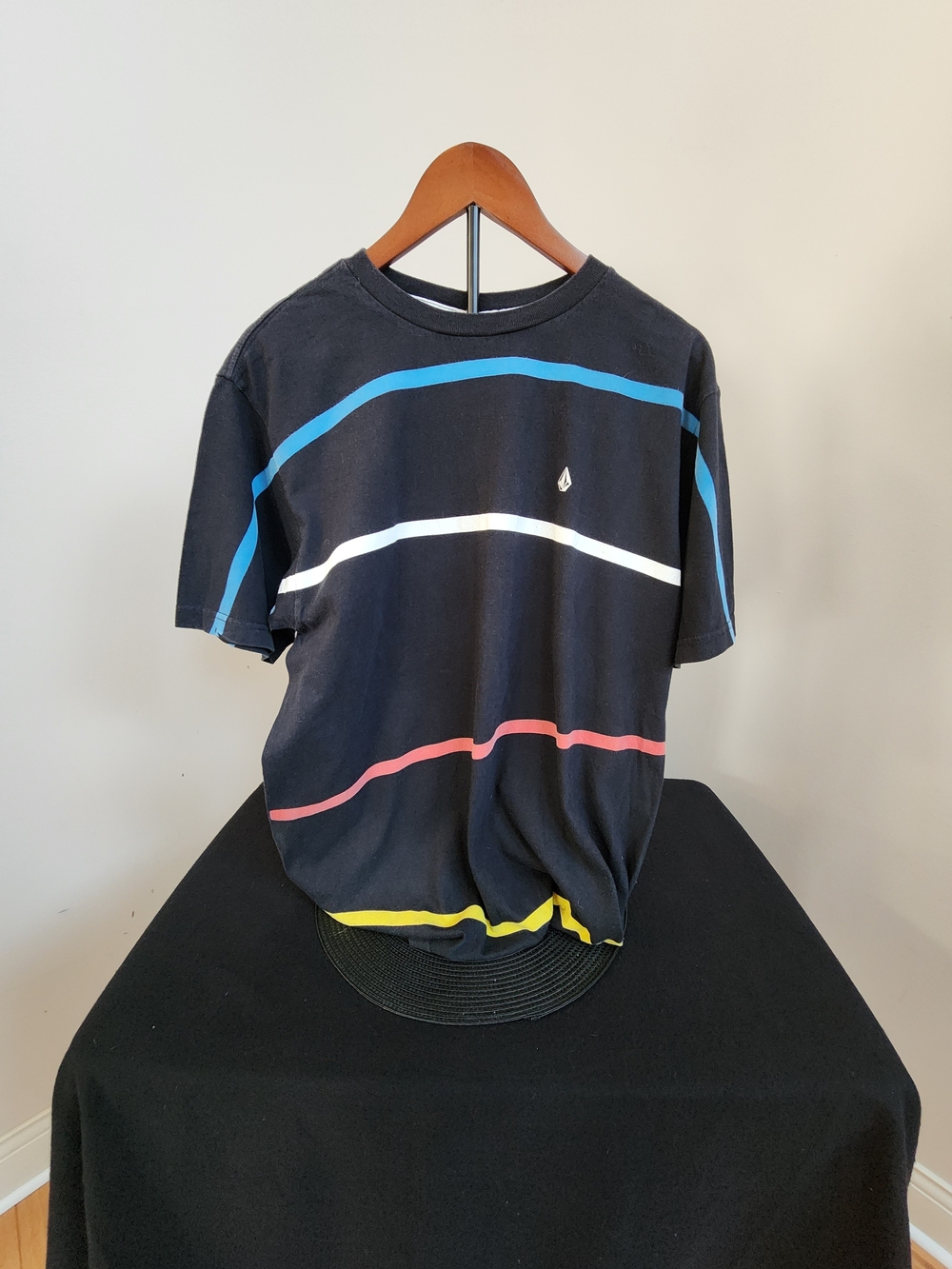 Volcom Men's Black Tee with Colorful Stripes. Size Large.